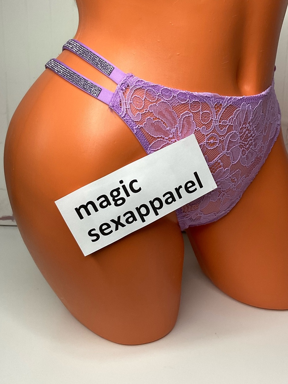 VS L DOUBLE SHINE STRAP BOMBSHELL THONG PANTY RHINESTONES FLORAL LACE LILAC